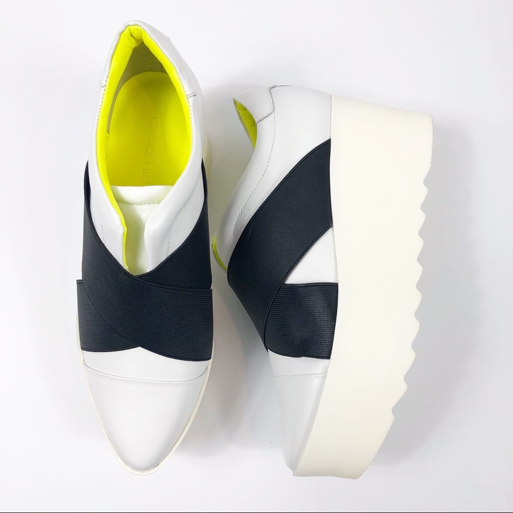 Kendall & Kylie White Black Platform Sneakers with Neon Yellow Lining